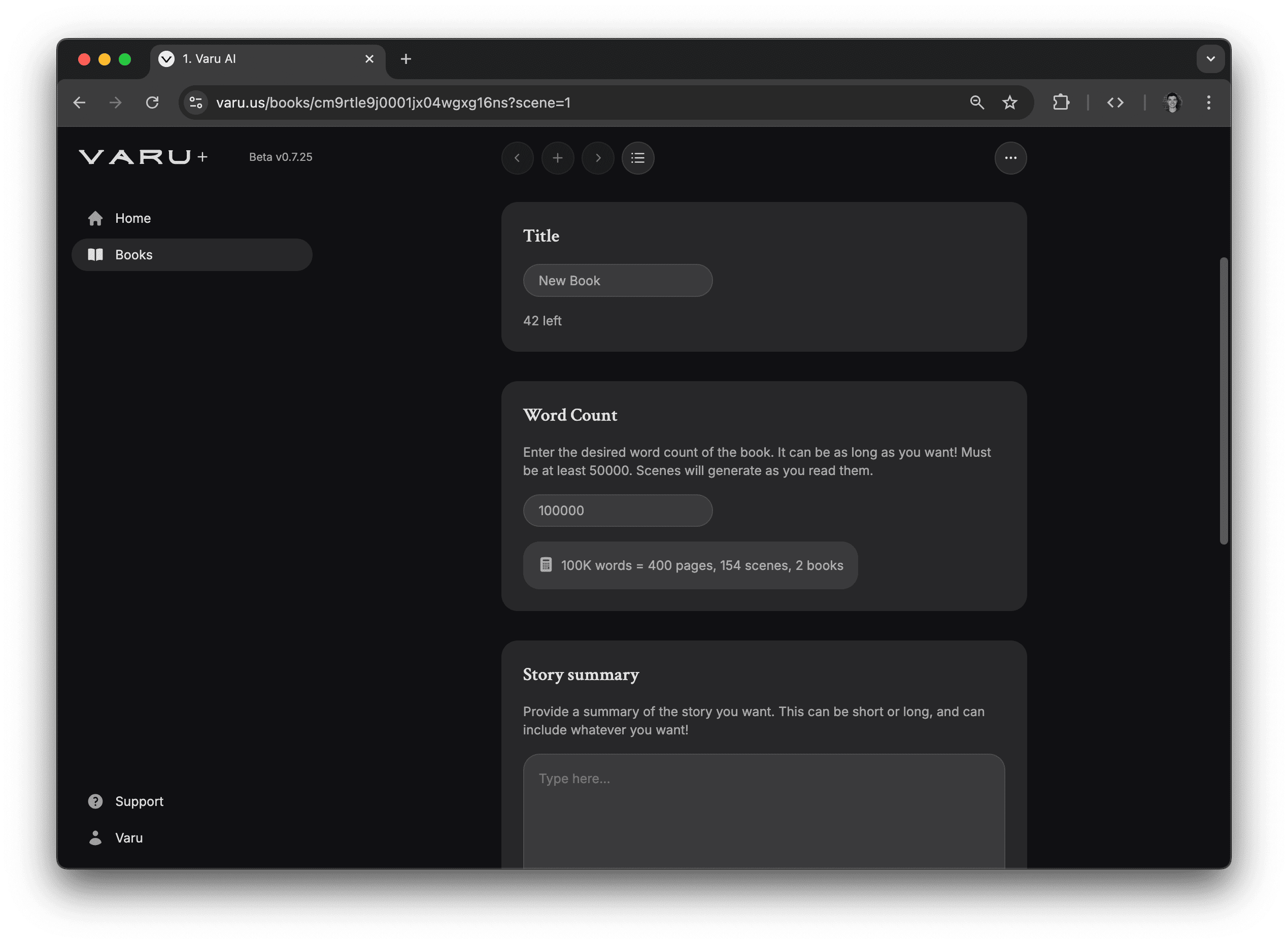 The Varu AI book creation page